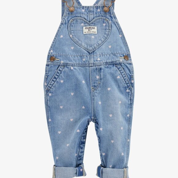 Osh Kosh B'Gosh Vestbak Denim Overalls Girls Size 18mos Pink Heart Print - Picture 2 of 9